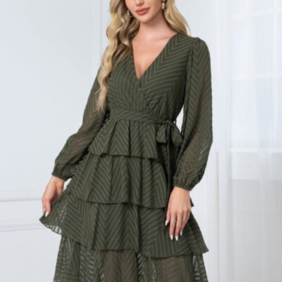 Elegant Layers: Chiffon Ruffle Midi in Forest Tones - Picture 1 of 3